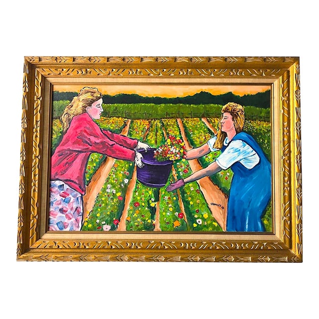 1991 Painting in Carved Giltwood Frame, "Harvest", Signed For Sale