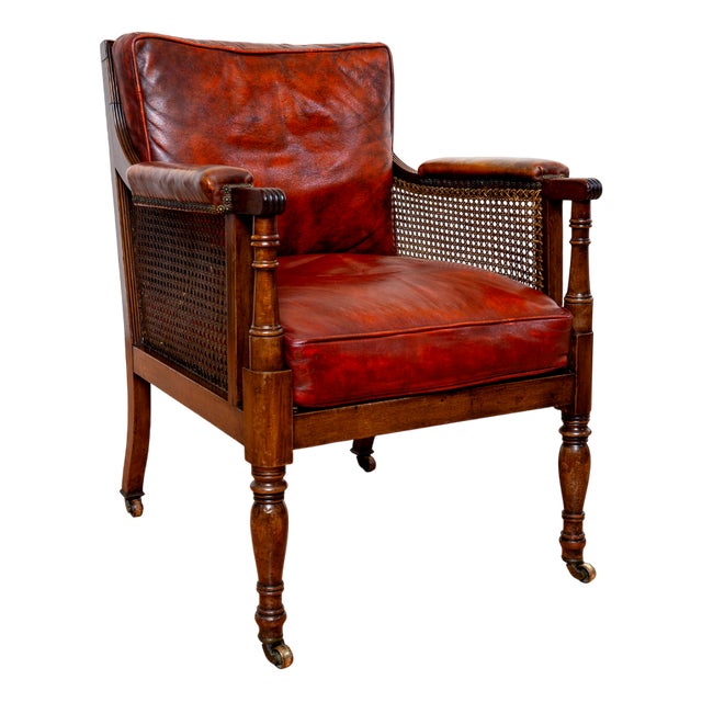 Georgian Regency Bergere Library Chair in Leather and Cane Rattan, 1810s-1820s For Sale