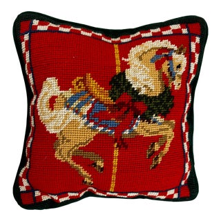 Vintage Needlepoint Carousel Horse Red Decorative Pillow, Green Velvet Backing, With Piping For Sale