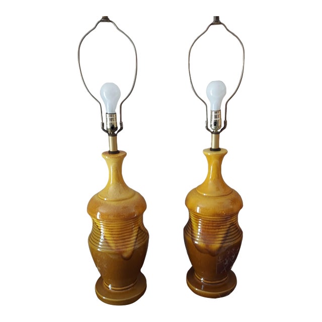 Pair of 1960s Mid Century Modern Drip Glaze Lamps For Sale