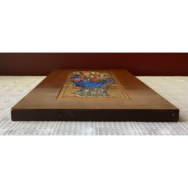 Brown Vintage Orthodox Icon Infant of Prague Hand Painted Tiles on Wooden Wall Plaque For Sale - Image 8 of 12