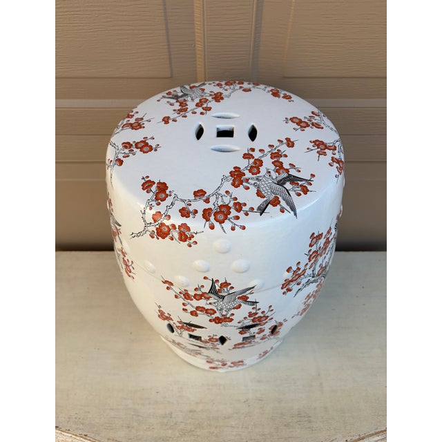 Ceramic Late 20th Century Chinoiserie Cherry Blossom Orange and Black Porcelain Garden Stool or Side Table For Sale - Image 7 of 8