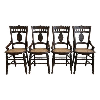 Set of 4 Antique Victorian Eastlake Carved Armchairs With Cane Seats, 1890s For Sale
