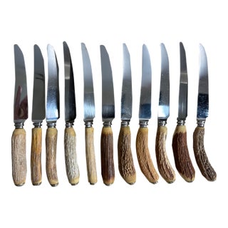 Vintage Sheffield English Antler Stag Horn Handle Stainless Steak Knife Set For Sale