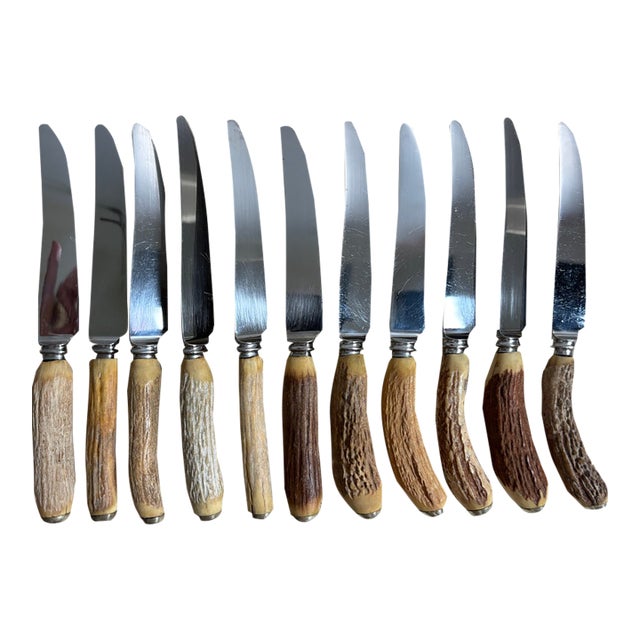 Vintage Sheffield English Antler Stag Horn Handle Stainless Steak Knife Set For Sale
