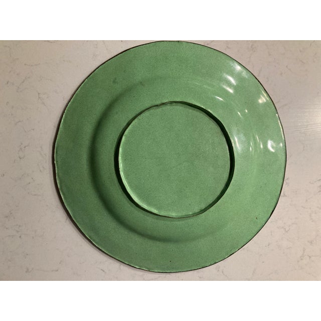 1960s Midcentury Canton Style Hand Painted Enamel Plate With Green Figural Scene and Copper For Sale - Image 5 of 8