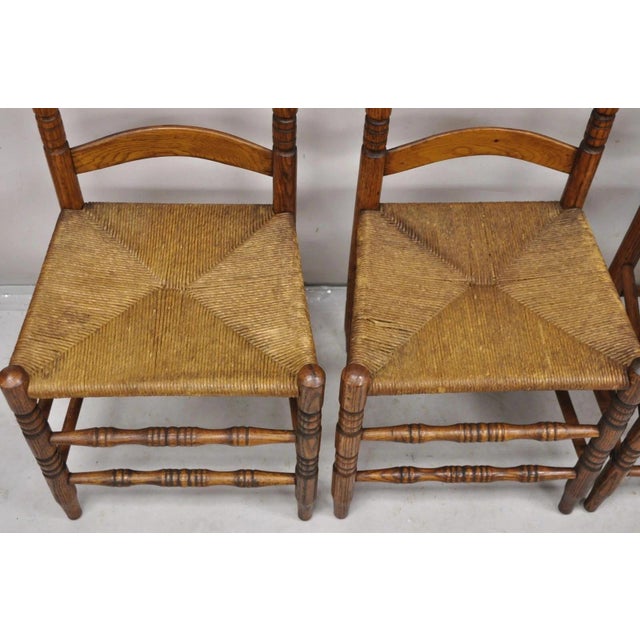 Antique Ladderback Primitive Rustic Oak Wood Rush Seat Dining Chairs - Set of 4 For Sale - Image 4 of 11