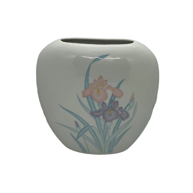 Japanese Mid 20th Century Japanese Porcelain White Vase With Purple and Pink Irises For Sale - Image 3 of 13