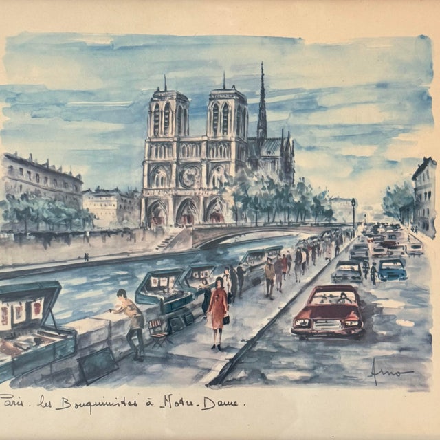 Mid-Century Arno Paris Notre-Dame Bouquinistes Framed Art Print For Sale - Image 4 of 8