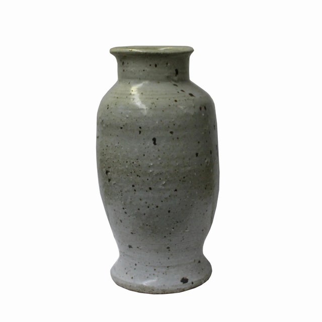 Abstract Handmade Ceramic Off White Gray Flower Graphic Jar Vase For Sale - Image 3 of 6