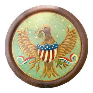 Vintage Round Wooden Hand Painted Eagle With Shield Wall Decor For Sale