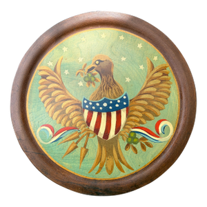 Vintage Round Wooden Hand Painted Eagle With Shield Wall Decor