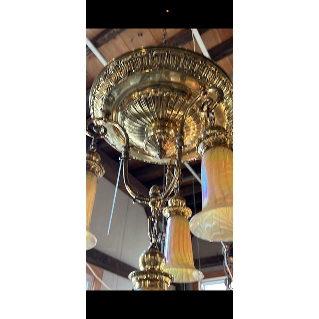 American Vintage 4 Light Brass Ceiling Fixture With Lundberg Studios Art Glass Shades For Sale - Image 3 of 8