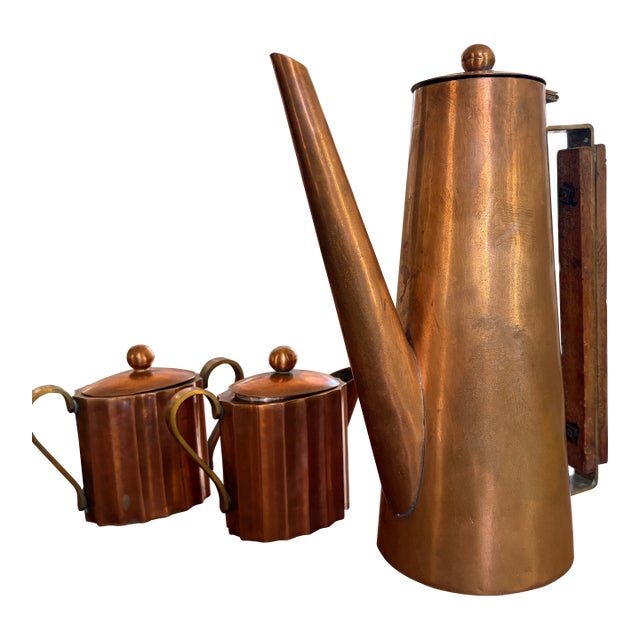 1960s Handcrafted Mid-Century Modern Copper Coffee Service Artisan Studio Brass & Wood Sculptural Design - Set of 3 For Sale