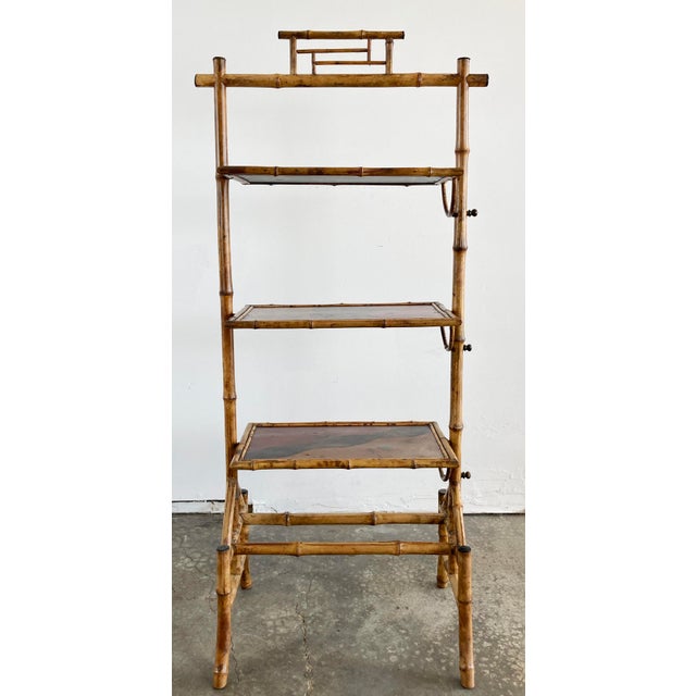 Wood Antique Hand-Painted Scorched Bamboo Shelving Unit and Screen Circa 1880s For Sale - Image 7 of 11