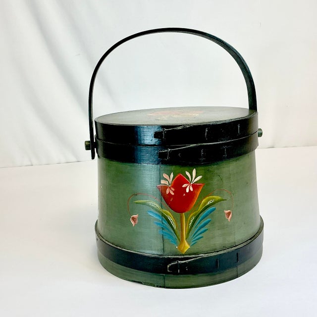 1950s Vintage Gustavian Rustic European Farmhouse Tole Hand Painted Wooden Sap Bucket For Sale - Image 6 of 14