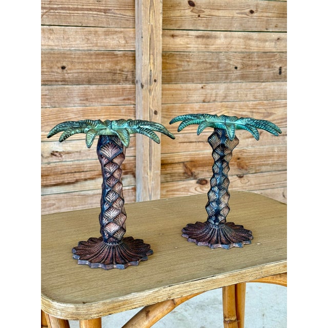 Coastal Pair of Vintage Cast Iron Palm Tree Candlestick Holders With Verdigris Patina For Sale - Image 3 of 10