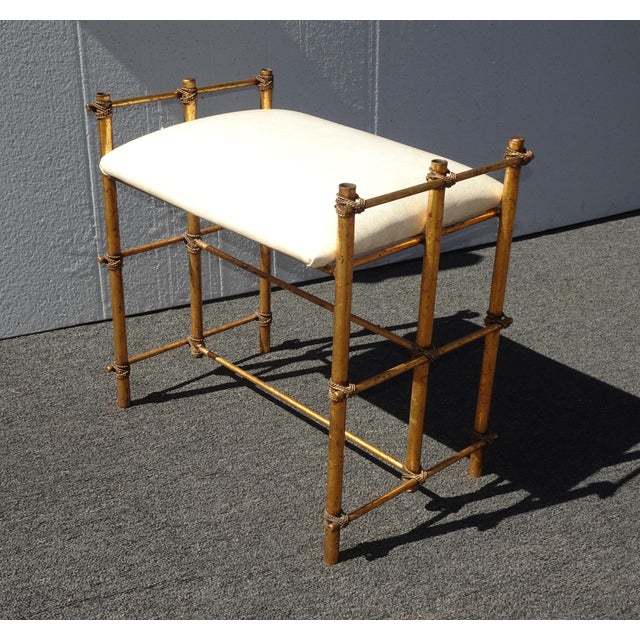 Vintage Hollywood Regency Gold Gilt Rope Metal Vanity Bench Stool For Sale - Image 4 of 18