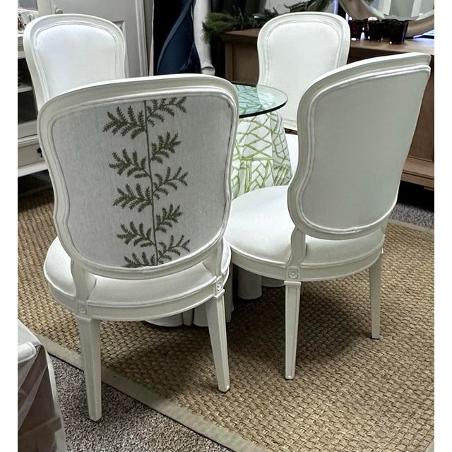 Set of 8 Louis XVI Style White Upholstered Dining Chairs For Sale - Image 4 of 12
