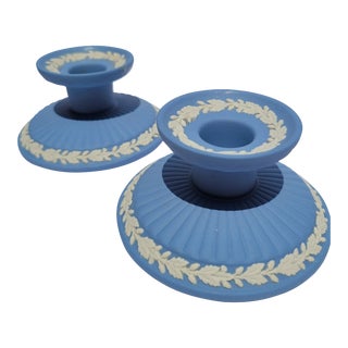Blue and White Wedgewood Jasperware Candle Holders - Set of 2 For Sale