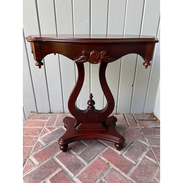 Vintage Lyre Base End Tables - Pair of Carved Mahogany Tone Harp Side Tables For Sale - Image 10 of 11