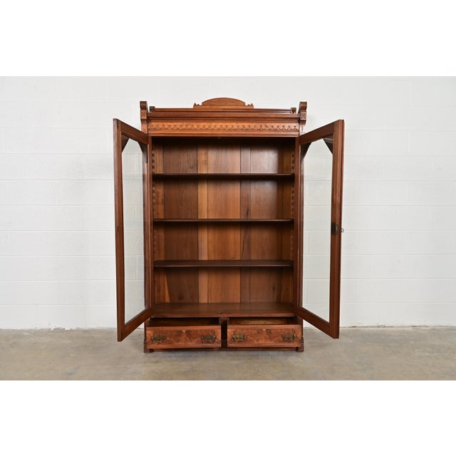 Late 19th Century Herter Brothers Style Antique Eastlake Victorian Carved Burled Walnut Bookcase, Circa 1880s For Sale - Image 5 of 13