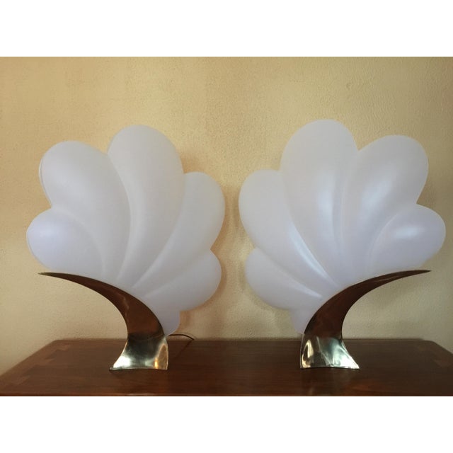 Frosted Acrylic & Polished Brass Rougier Shell Table Lamps - A Pair For Sale - Image 9 of 9