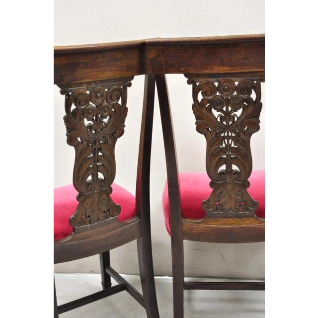 Antique Edwardian Floral Carved Mahogany Red Mohair Dining Chairs - Set of 4 For Sale - Image 10 of 11
