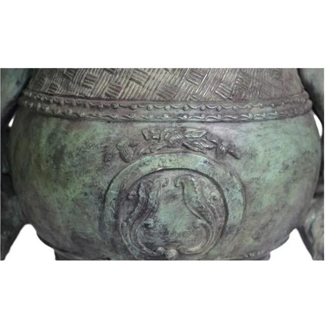 Classical Style Cast Bronze Verde Patina Urn With Two Cupids and Rams' Heads For Sale - Image 4 of 7