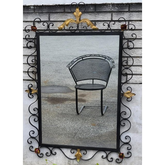 Vintage 1930s American Handmade Wrought Iron Wall Mirror Hand Painted Floral Dec For Sale - Image 4 of 18