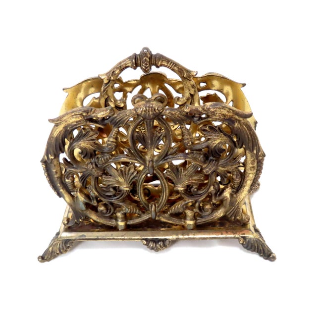 Metal Antique Bronze Gilt Cast Iron Letter Rack With Dolphins For Sale - Image 7 of 13