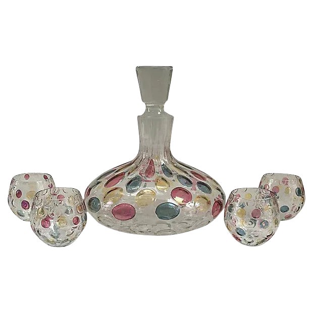 Mid-Century Vintage Iridescent Pink Blue & Yellow Decanter and Glasses - Set of 5 For Sale