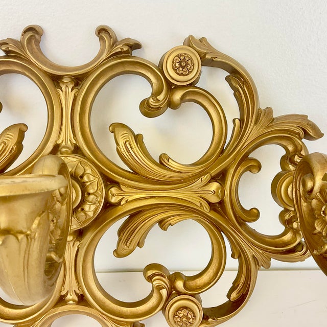 Plastic 1960s Mid-Century Baroque Hollywood Regency Syroco Candle Holder Sconce, 3 Tapers For Sale - Image 7 of 12