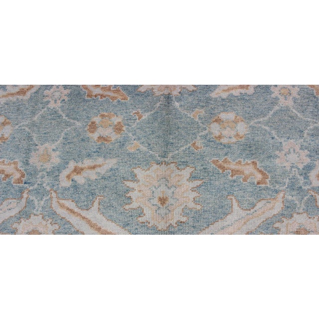 Square Turkish Oushak Rug in Light Blue, Light Brown, Salmon, Silver & Tan For Sale In Atlanta - Image 6 of 12