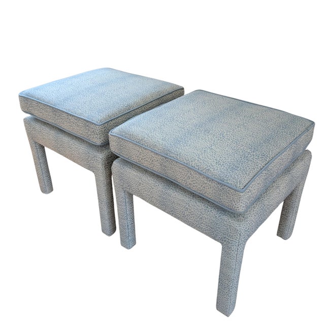 Schumacher Schumacher Mini Leopard Cloud Blue Parsons Ottomans - Pair For Sale - Image 4 of 13