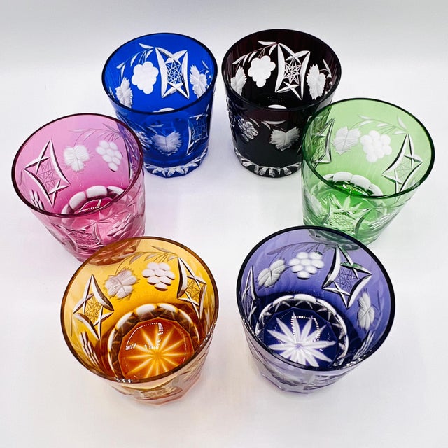 Antique Bohemian Grape-Cut Harlequin Crystal Tumblers from Befos, 1850, Set of 6 For Sale - Image 6 of 8