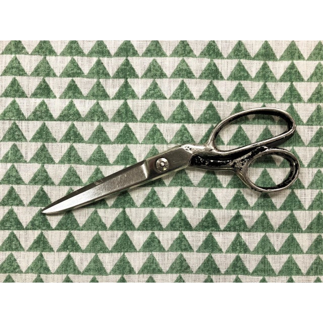 Designer Pyramids Block Printed Linen Green Off White Geometric Fabric For Sale - Image 4 of 4