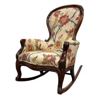 Antique Victorian Style Walnut Balloon Back Floral Upholstered Rocking Chair For Sale