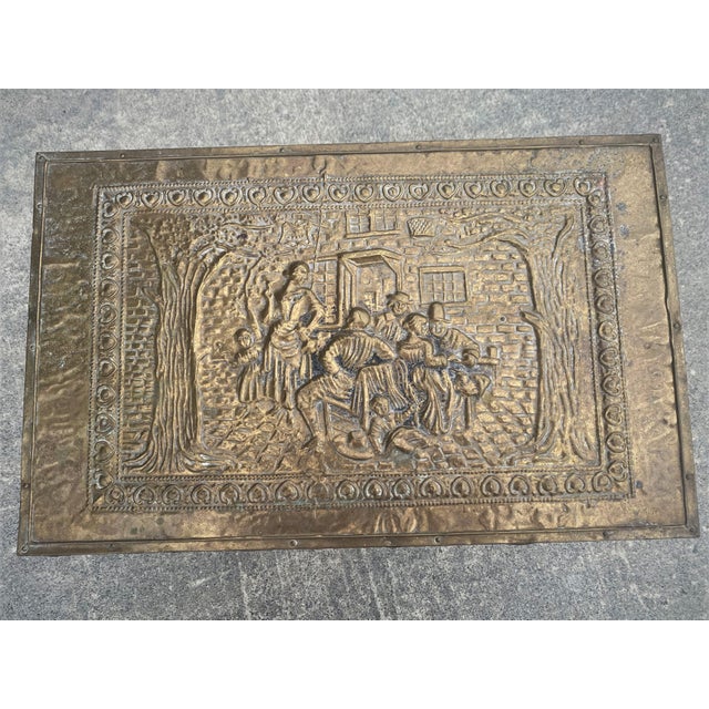 Mid 20th Century Mid 20th Century English Press Minted Brass Pub/Tavern Scene Wood Kindling Storage Box on Stand For Sale - Image 5 of 17
