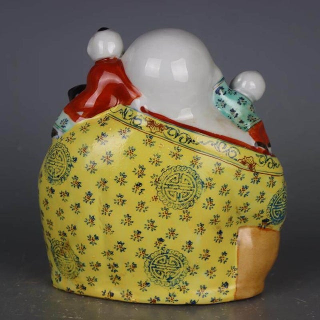 Chinese Vintage Ceramic Buddhist Sculpture,Hand Carved Famille Rose Porcelain Statue of Five Children Maitreya Buddha For Sale In Seattle - Image 6 of 7