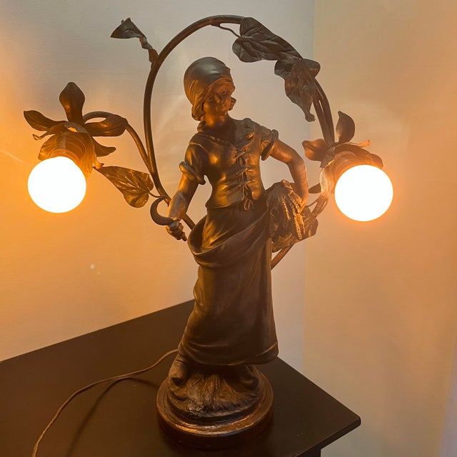 Figurative 1899 French Art Nouveau Cast Spelter Figural Lamp Louis Auguste Moreau For Sale - Image 3 of 12