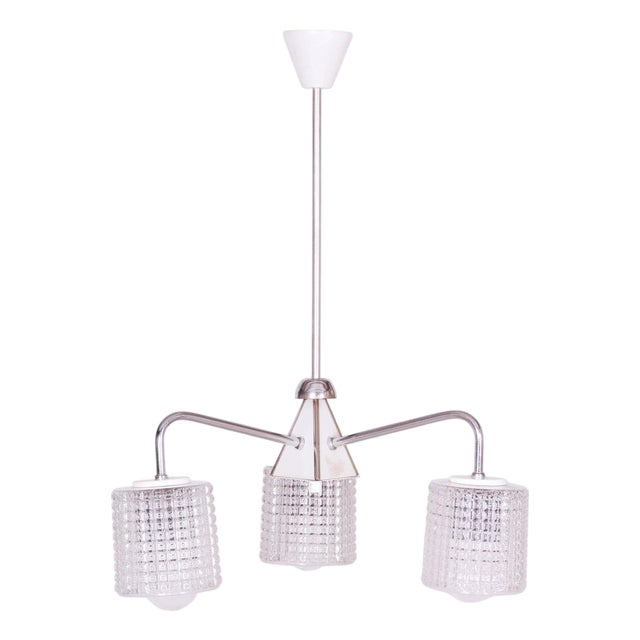 Mid-Century Chrome and Opaline Glass Chandelier by Drukov, Czech, 1970s For Sale