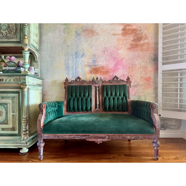 Emerald 19th Century Antique Victorian Eastlake Settee, Carved Walnut With Tufted Emerald Green Velvet, Gothic Crest For Sale - Image 8 of 8