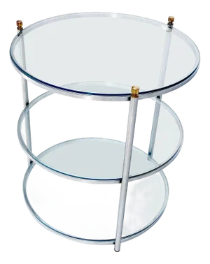 Round 22' Diameter 3 Tier Glass Shelves Chrome Brass Finials Side End Table