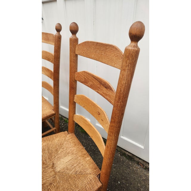 1970s Vintage Set of 10 Light Oak Ladder-Back Rush Seat Dining Chairs For Sale - Image 5 of 18