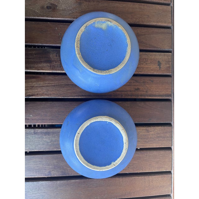 Ceramic Folk Art Pottery Brush McCoy Vellum Blue Glaze Fawn Vases - Pair For Sale - Image 7 of 7