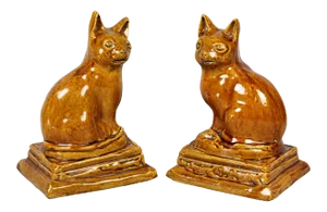 Brown Stoneware Cats - a Pair