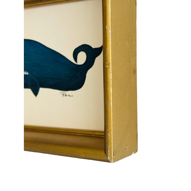 Nautical Original Hand-Painted Whale Painting in a Vintage Frame For Sale - Image 3 of 3