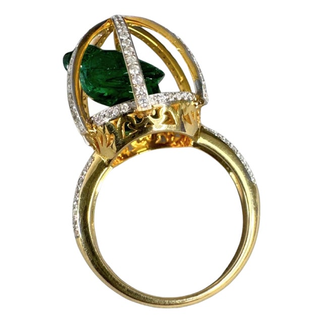 3.00 CTW Vintage Style Emerald & Diamond Parrot Cage Ring 18k Yellow Gold, Size 6 For Sale
