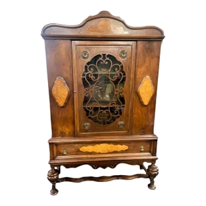 Early 20th Century Antique Spanish Revival Walnut and Burlwood China Cabinet